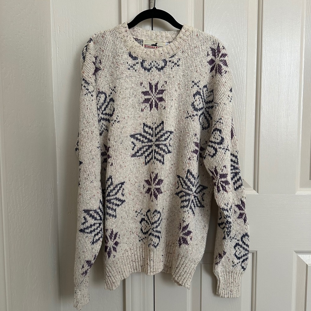 Vtg Winona Knits 100% Cotton Snowflake Sweater | Made USA Cream Confetti Tweed L